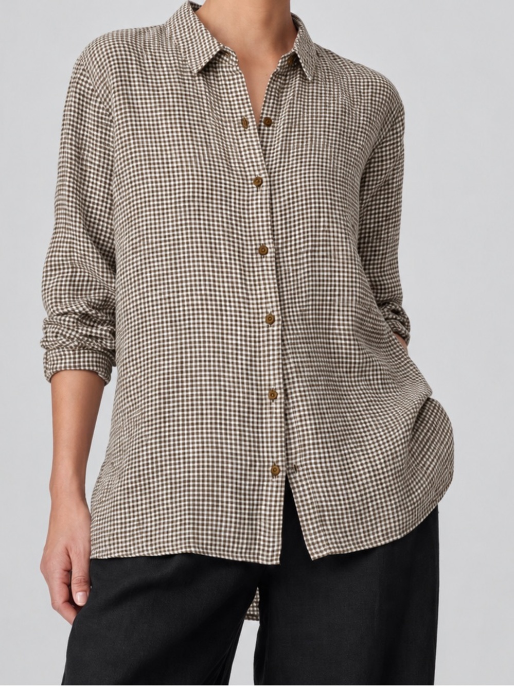 Eileen Fisher Puckered Organic Linen Button Up Shirt Medium Brown White Gingham